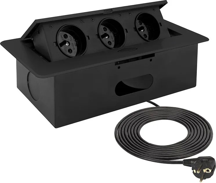 Priză încorporabilă în blat Kombibox Design Light, 3 prize Schuko, negru, 266 x 133 mm Metal, Negru, L:266 mm; l:133 mm