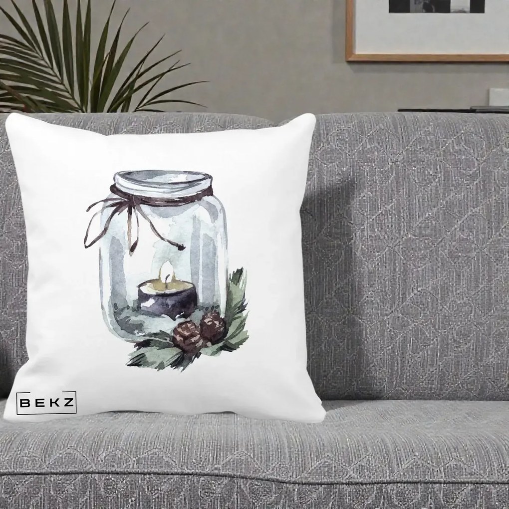 Perna Decorativa Felinar cu Lumanare si Conuri, 40x40 cm, Alba Mata, Husa Detasabila, Perna Inclusa, BEKZ®