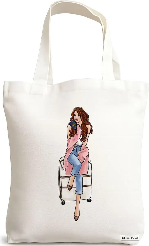 Sacosa de Panza pentru Cumparaturi, Geanta Tote Travel Girl, 38x34.5 cm, Alba, BEKZ®