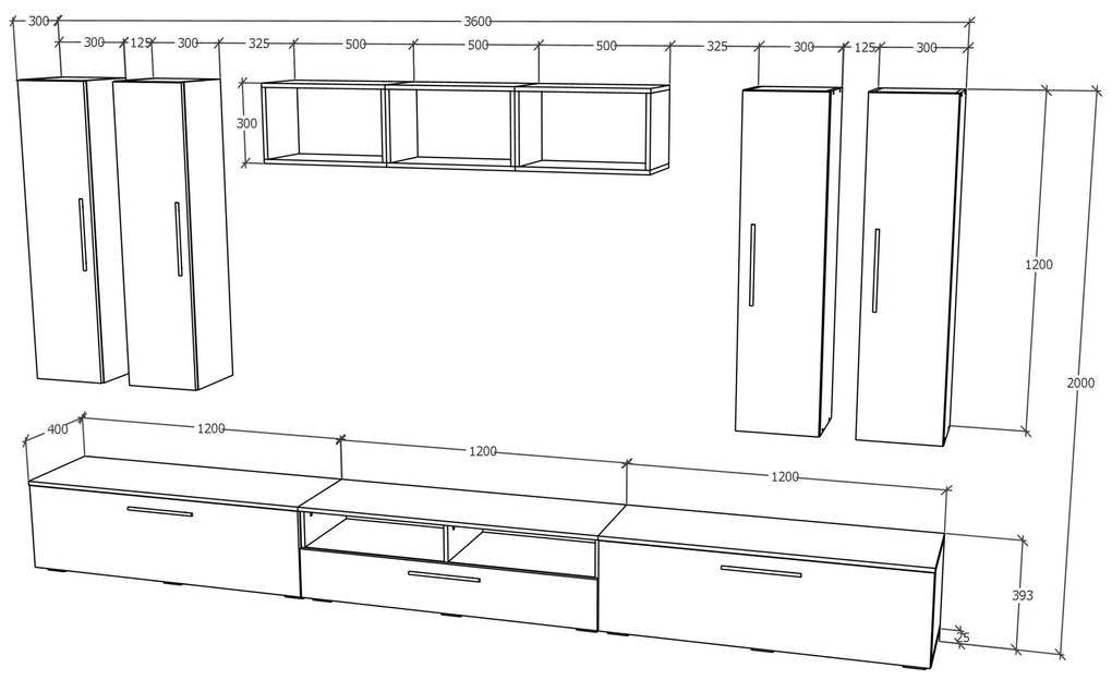 Living haaus Haga V4, Alb Lucios/Negru, MDF, L 360 cm