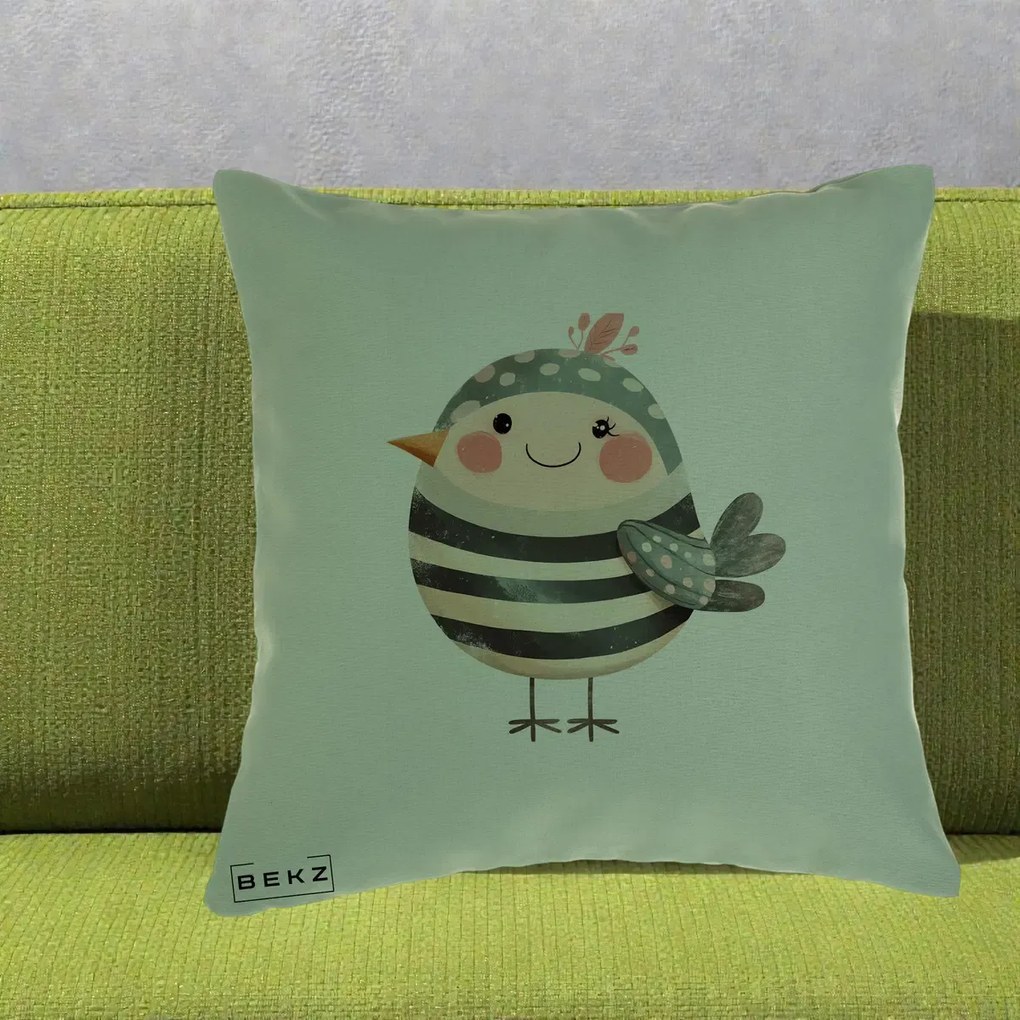 Perna Decorativa Pui Kawaii Teal cu Flori, 40x40 cm, Verde, Husa Detasabila, Perna Inclusa, BEKZ®