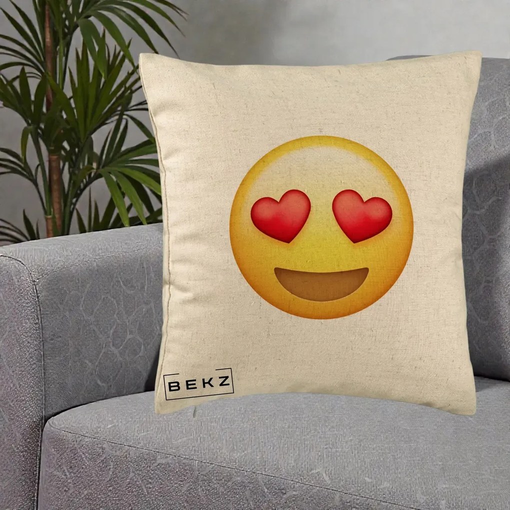 Perna Decorativa Emoji Inimi in Ochi, 40x40 cm, Bej, Husa Detasabila, Perna Inclusa, BEKZ®