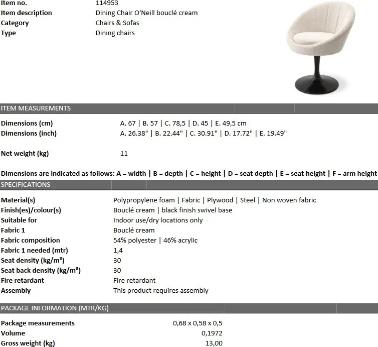 Scaun pivotant design elegant LUX O'Neill, boucle crem 114953 HZ