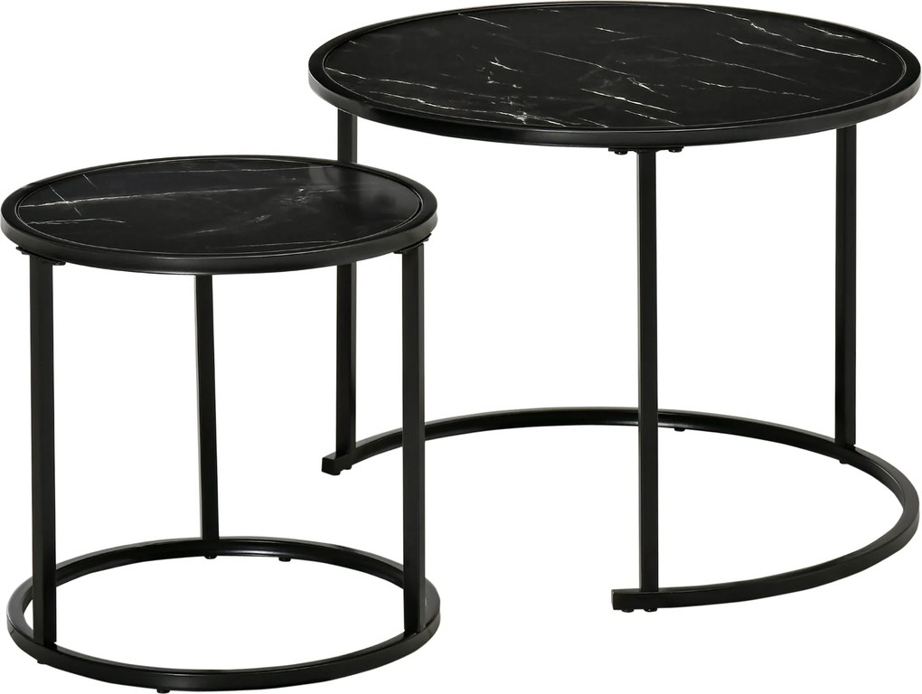 HOMCOM Lot de 2 Mese Laterale Rotunde gigogne incastrabile blat de lemn aspect marmura si Picioare din metal Negru | Aosom Romania