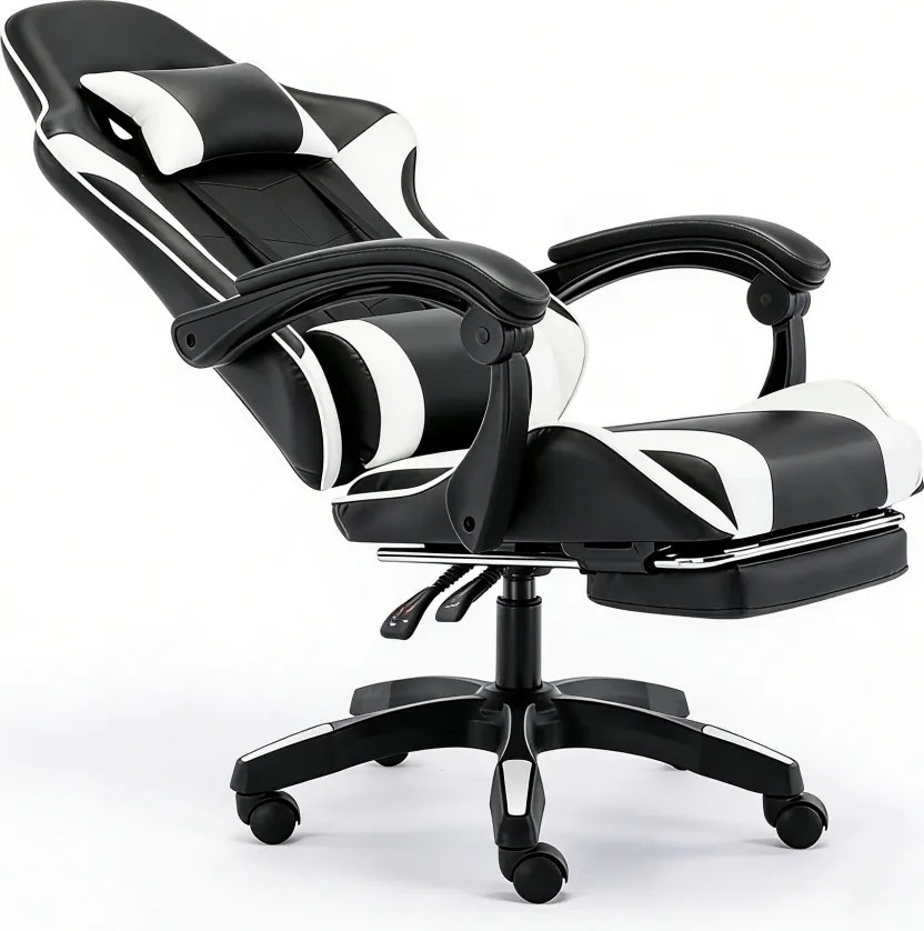 Scaun gaming, Masaj în perna lombară, Rabatabil 90-145°, Suport picioare, piele PU, Negru/Alb
