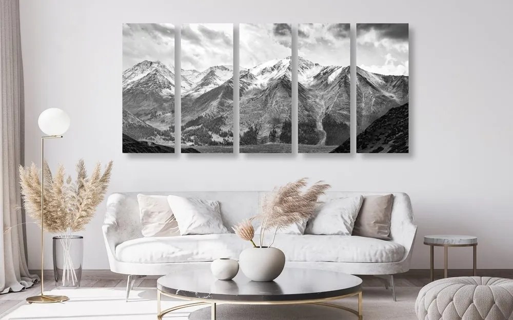 Tablou 5-piese panorama montană frumoasă în design alb-negru
