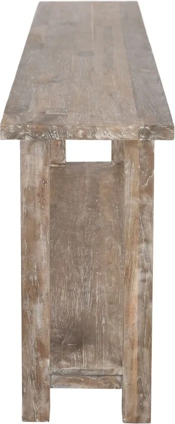 Consolă hol în stil etnic, din lemn de tec reciclat, natur, cu raft jos și picioare înclinate, finisaj patinat, 90 x 240 x 46 cm, „Granville”