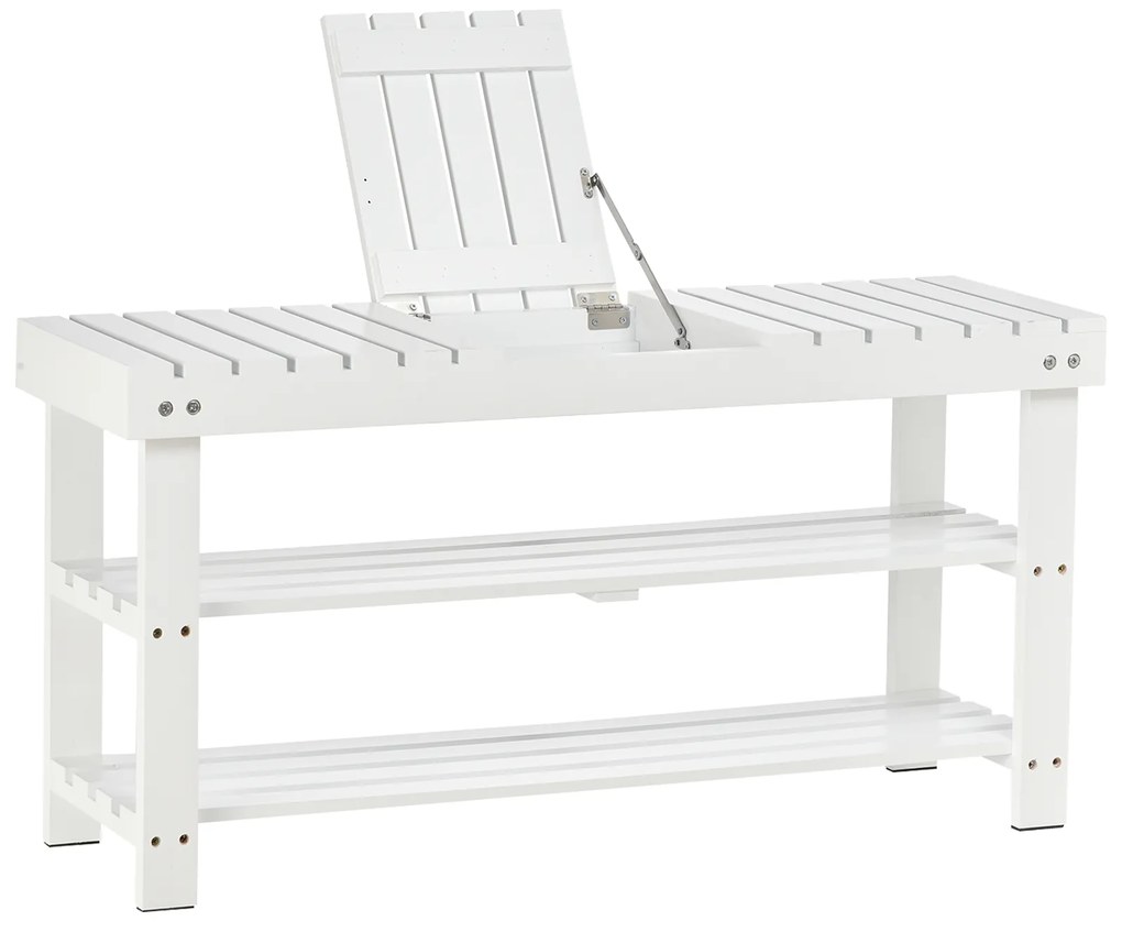 HOMCOM Banc pentru pantofi din lemn cu 3 niveluri cu rafturi de depozitare și compartiment ascuns, 90 x 29 x 45 cm, alb | Aosom Romania