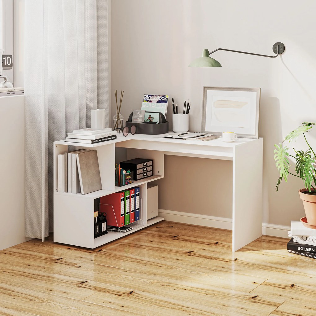 HOMCOM Birou Modern de Colț pentru Birou cu 4 Rafturi din Lemn, Alb, 120x100x77 cm | Aosom Romania
