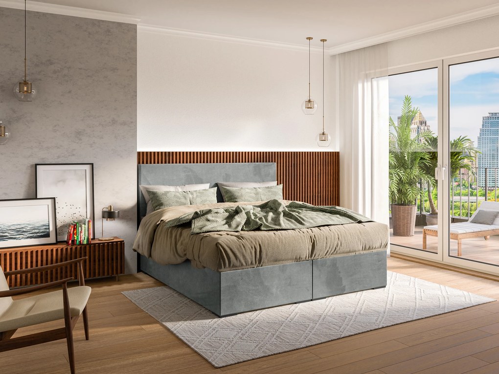 Pat matrimonial Boxspring 180 cm Lemmy (Beton) (cu saltea și sp. depozitare). 1043396