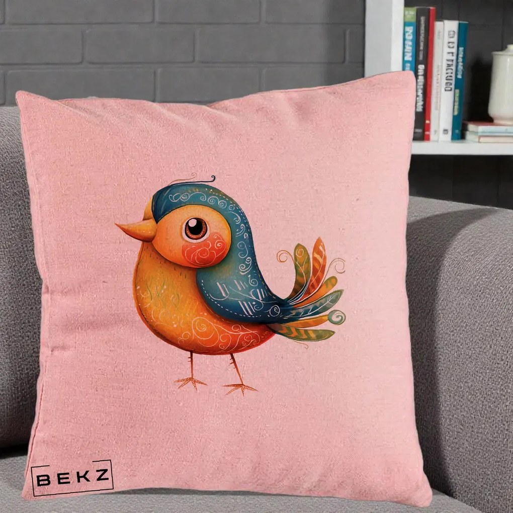 Perna Decorativa Pasare Folk Art Portocalie-Teal, 40x40 cm, Roz, Husa Detasabila, Perna Inclusa, BEKZ®