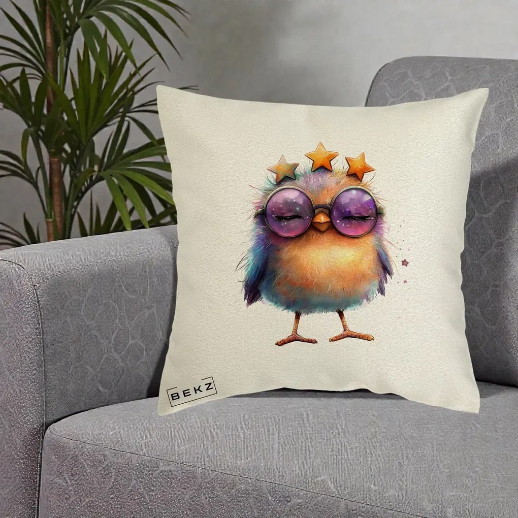 Perna Decorativa Pui Pop Star cu Ochelari Stele Violet, 40x40 cm, Ecru, Husa Detasabila, Perna Inclusa, BEKZ®