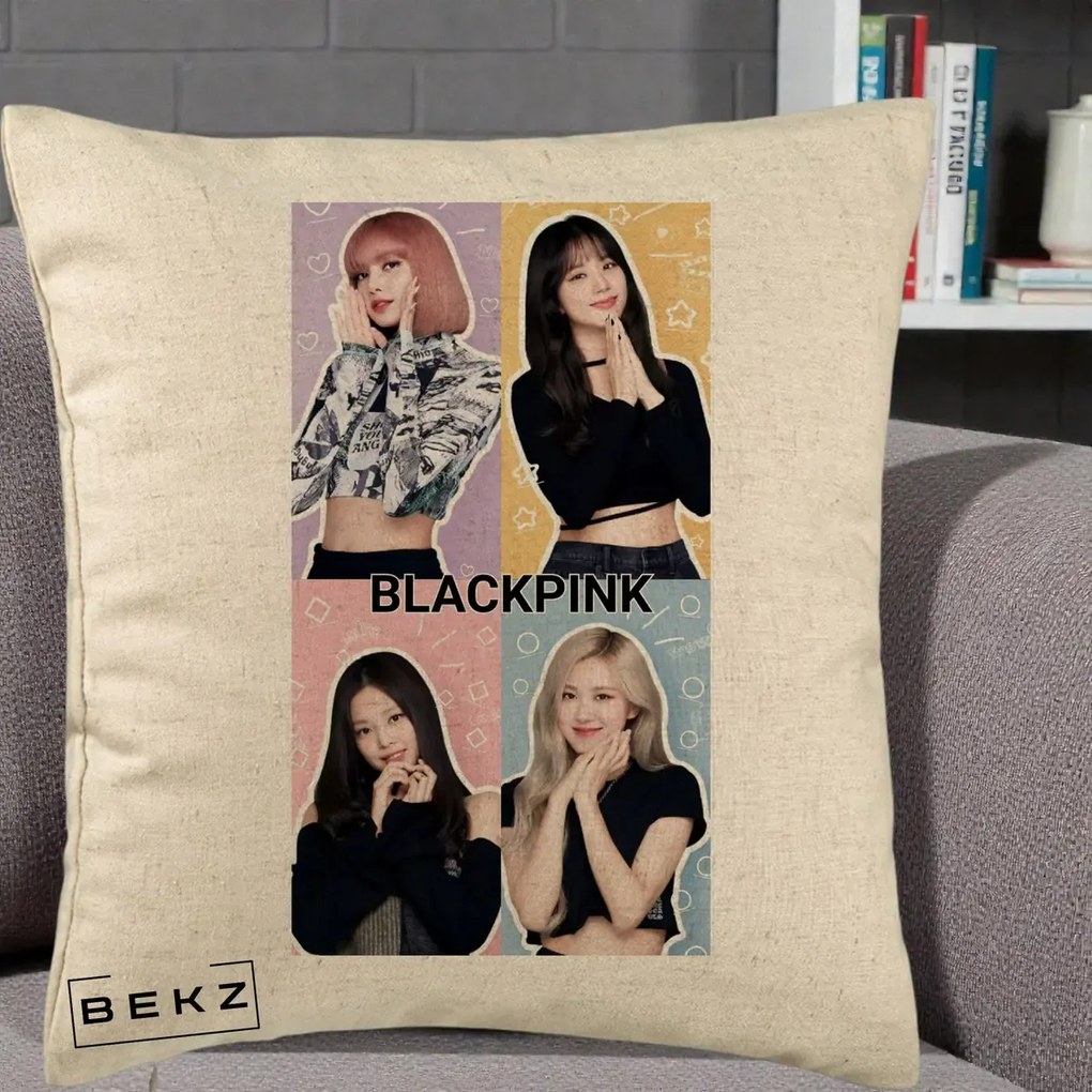 Perna Personalizata K-pop BLACKPINK Negru, 40x40 cm, Bej, Husa Detasabila, Perna Inclusa, BEKZ®