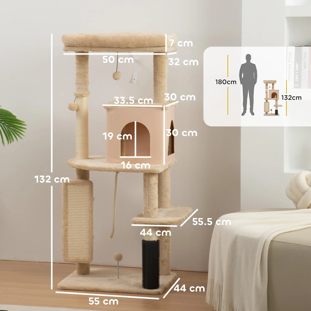 PawHut Arbore pentru Pisici Multilevel Înalt 132 cm cu Căsuță, Culcuș, Stâlpi Zgâriători, Perie și Biliță, Bej | Aosom Romania