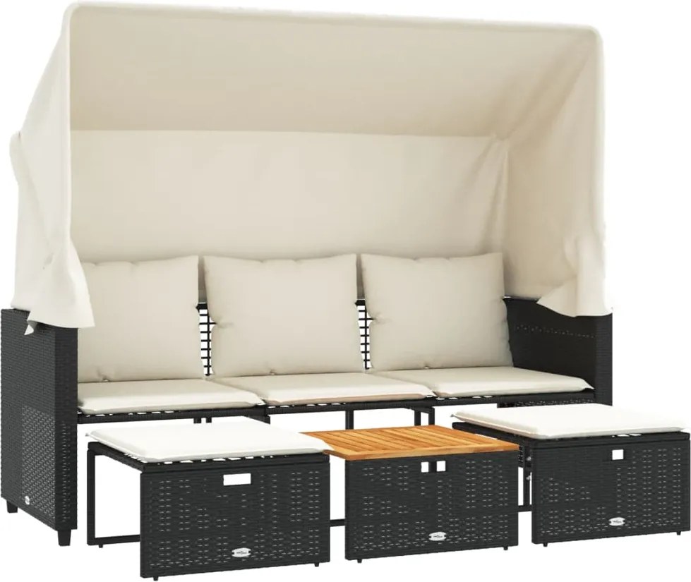 vidaXL Canapea de grădină 3 locuri baldachin/taburete negru, poliratan