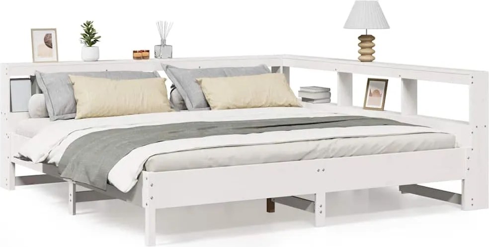 vidaXL Pat cu bibliotecă fără saltea, alb, 200x200 cm, lemn masiv pin