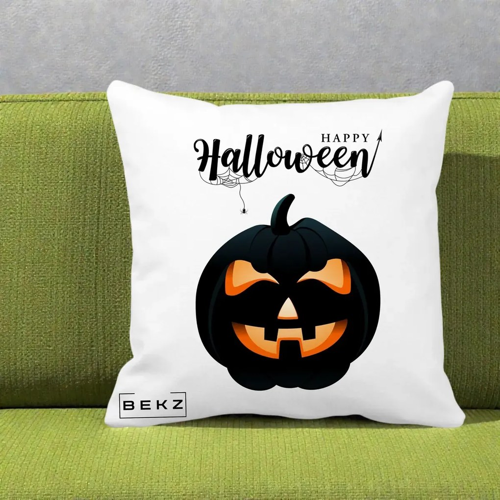 Perna Decorativa Happy Halloween Dovleac Negru cu Paianjen, 40x40 cm, Alba Mata, Husa Detasabila, Perna Inclusa, BEKZ®