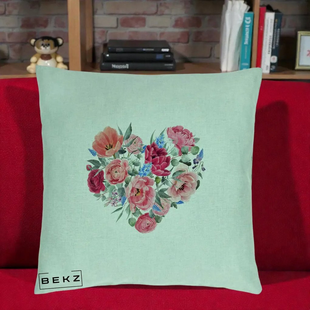 Perna Decorativa Inima din Bujori Acuarela, 40x40 cm, Verde Menta, Husa Detasabila, Perna Inclusa, BEKZ®