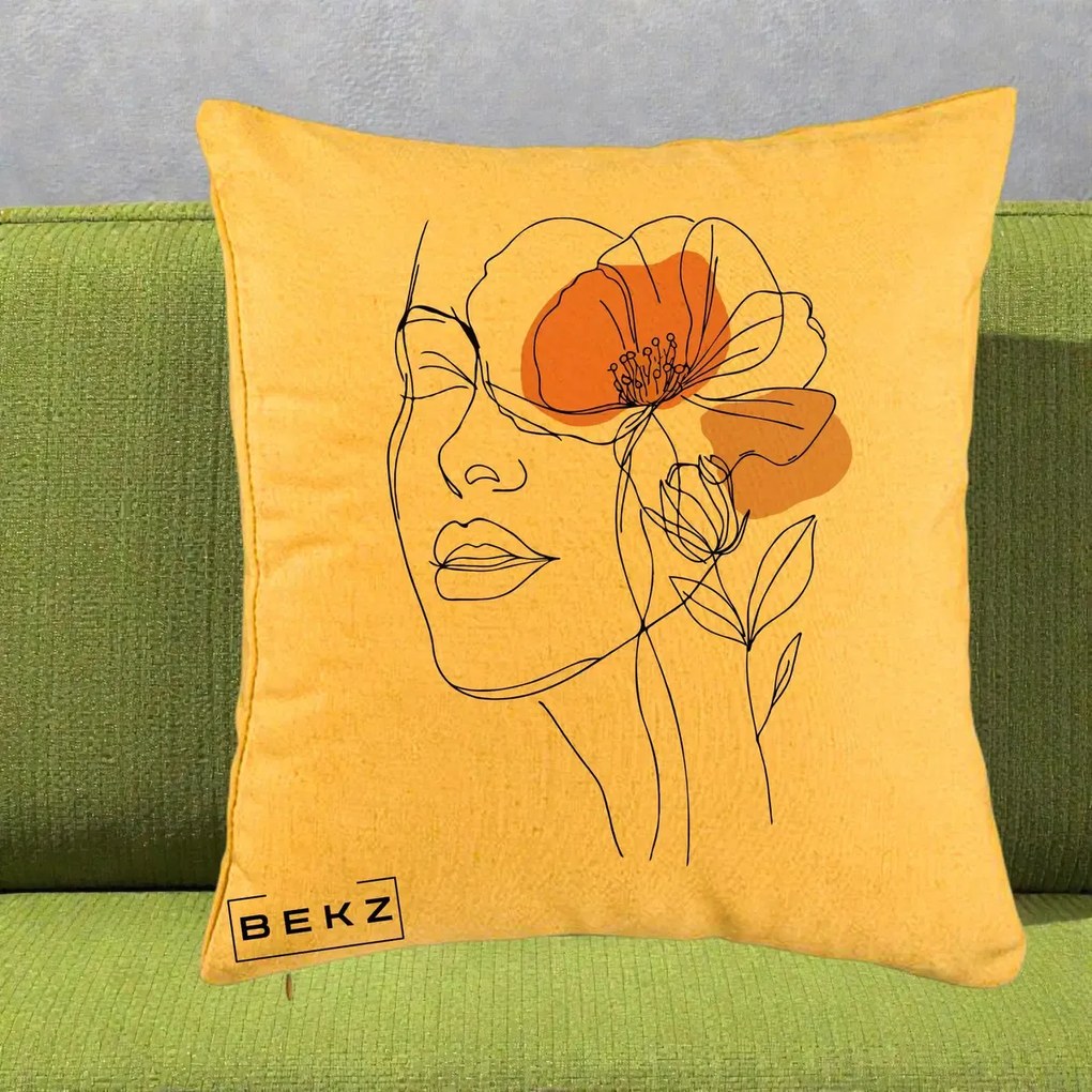 Perna Decorativa Portret Feminin Mac Profilat, 40x40 cm, Galben, Husa Detasabila, Perna Inclusa, BEKZ®