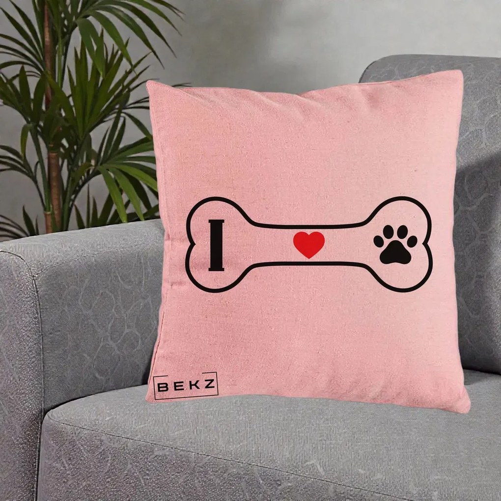 Perna Personalizata I Love Dog Os si Labuta, 40x40 cm, Roz, Husa Detasabila, Perna Inclusa, BEKZ®