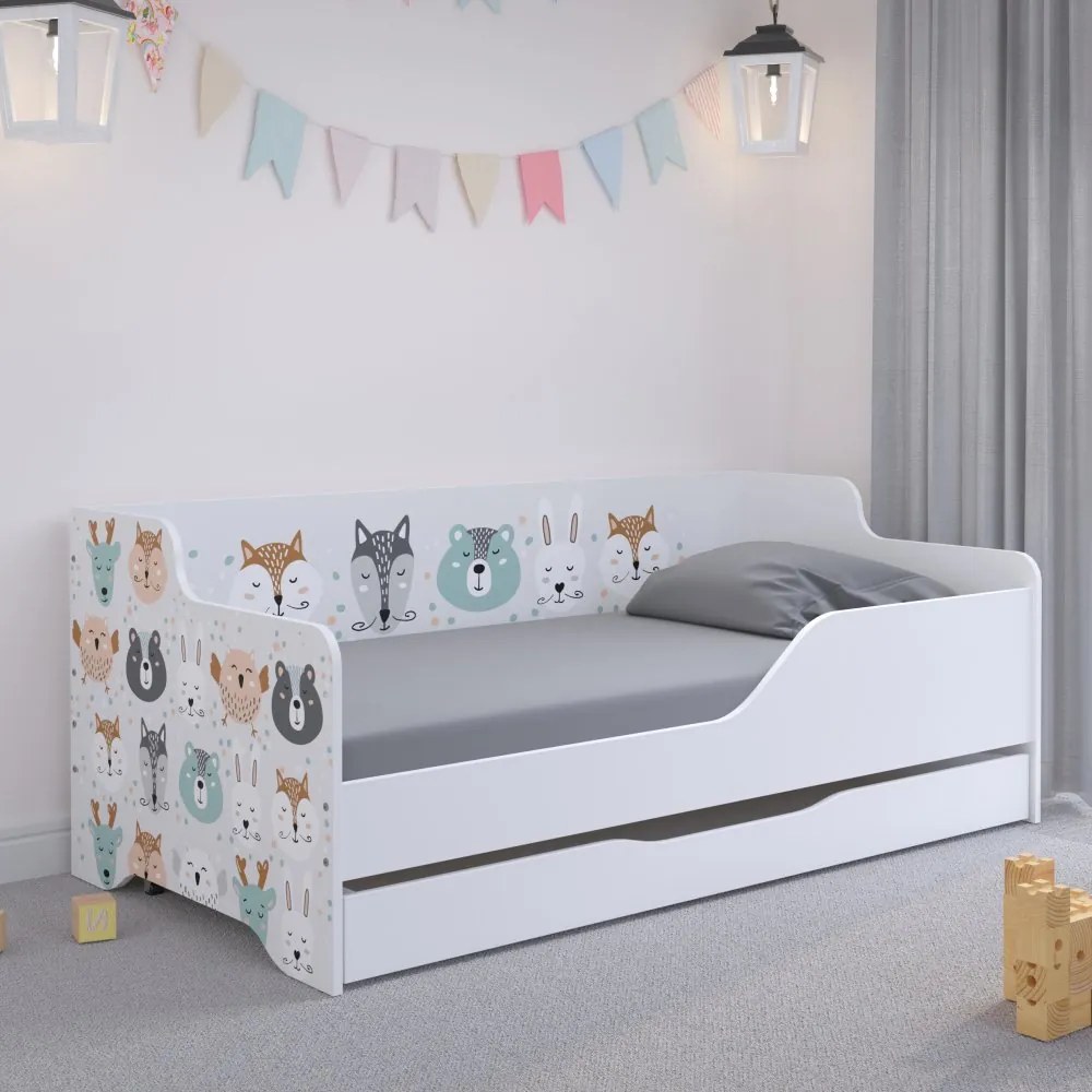 Pat de copii cu animale de pădure 160x80 cm