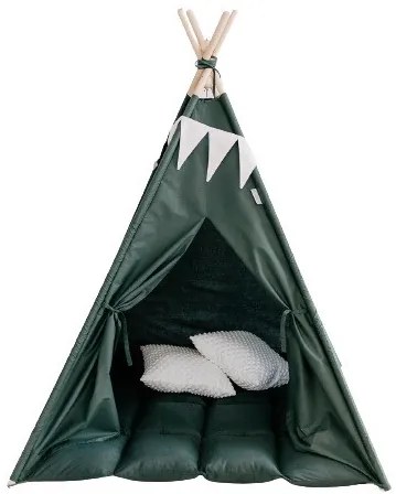 Set Cort de joaca, teepee, Dark Green, 120x120x150 cm, salteluta, ghirlanda, 2 pernite si kit fixare