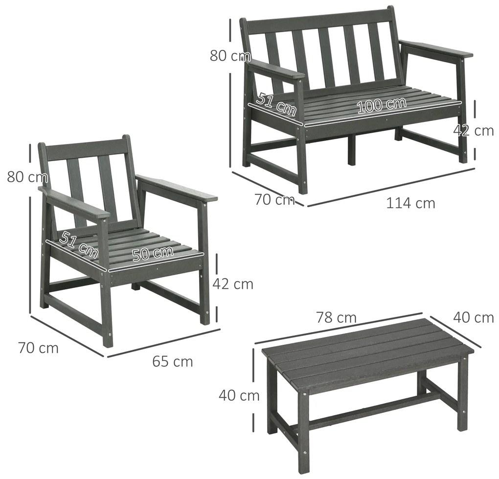 Outsunny Set Mobilier de Terasă din 4 Piese, Set Canapea Dublă, 2 Scaune și Măsuță de Cafea, 65x70x80 cm, Gri | Aosom Romania