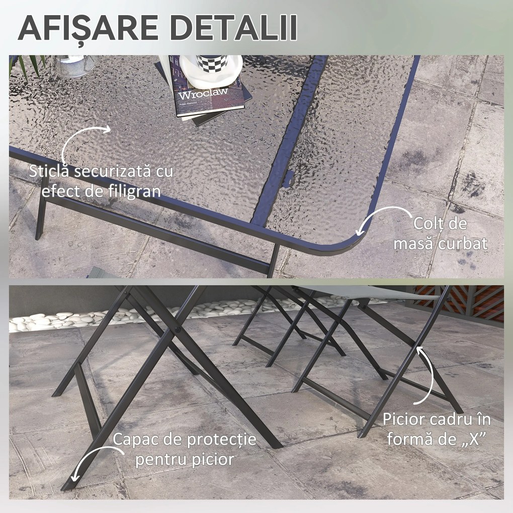 Outsunny Set de Grădină 5 Piese – 4 Scaune Pliabile din Textilene și Masă din Sticlă Securizată, Gri | Aosom Romania