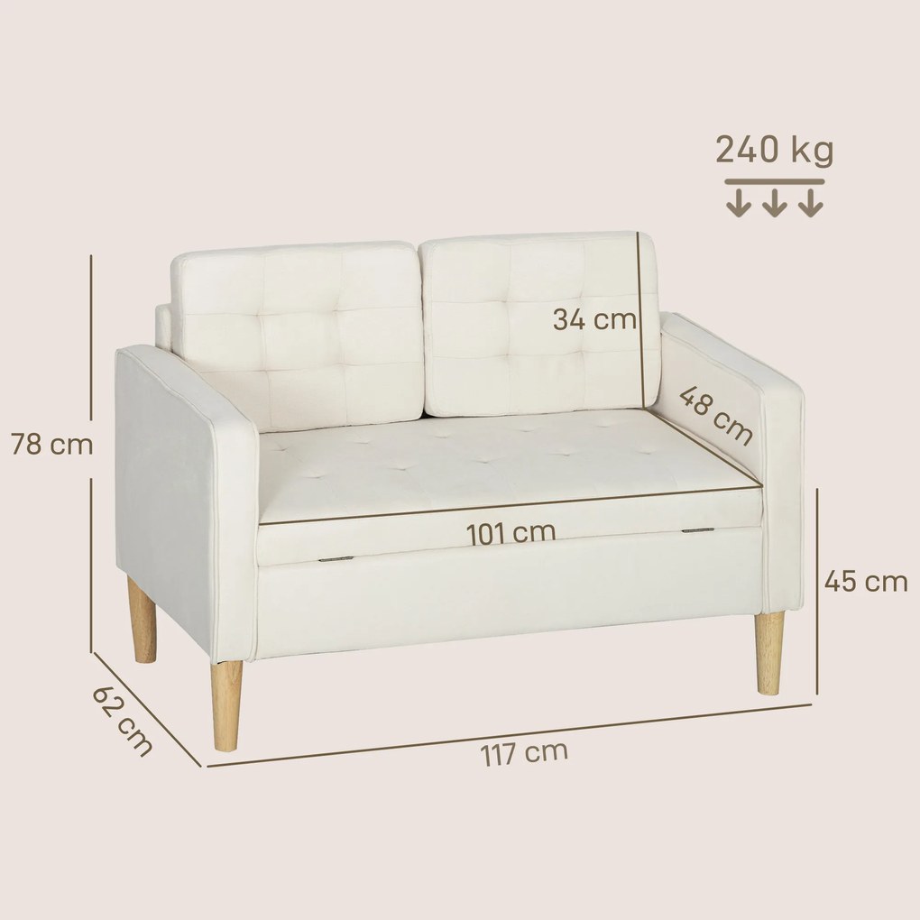 HOMCOM Canapea cu două locuri cu spațiu de depozitare, capitonare cu nasturi, perne, lemn de cauciuc, 117x62x78cm, alb crem | Aosom Romania