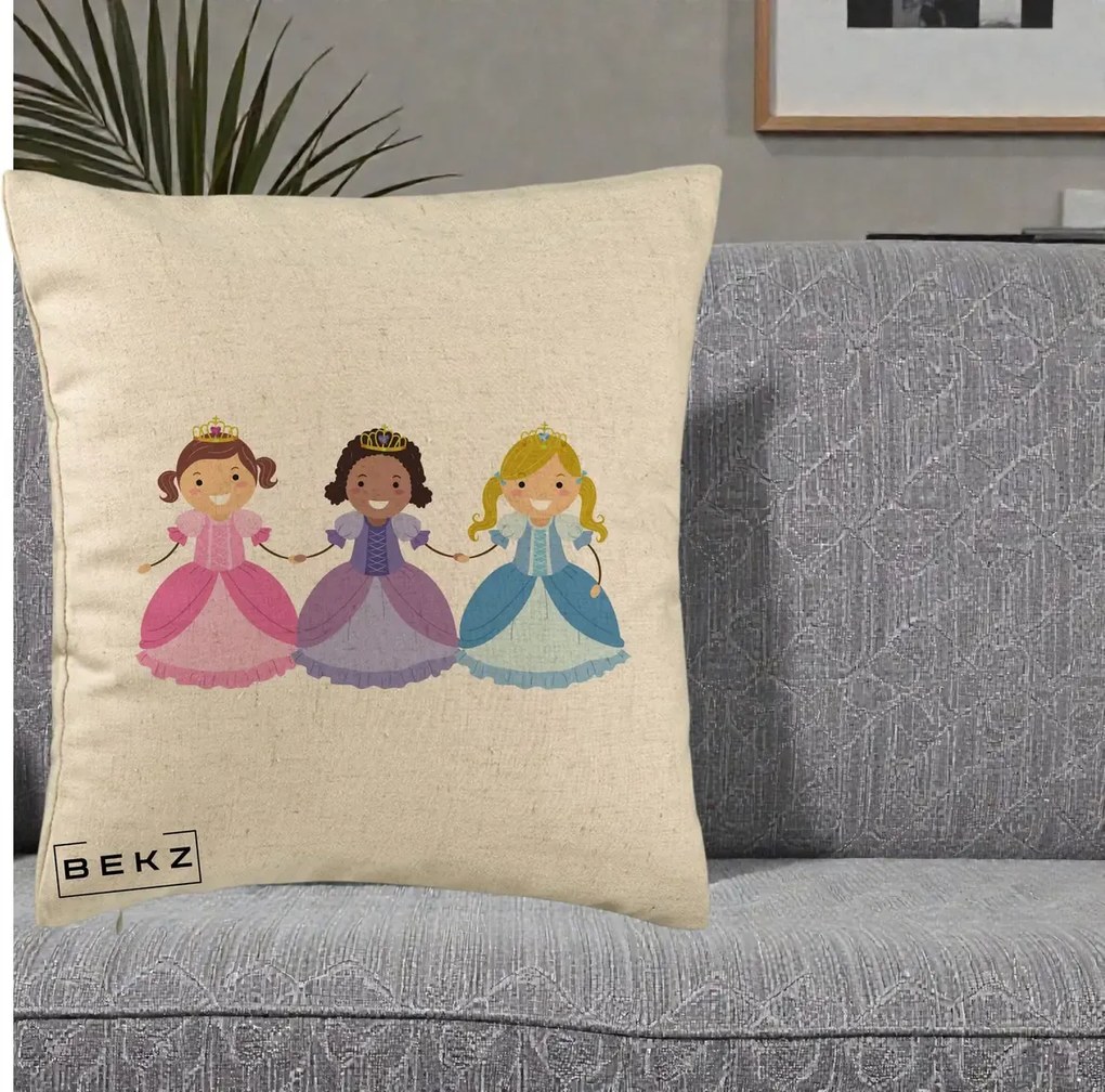 Perna Personalizata Printese Diverse Ilustratie, 40x40 cm, Bej, Husa Detasabila, Perna Inclusa, BEKZ®