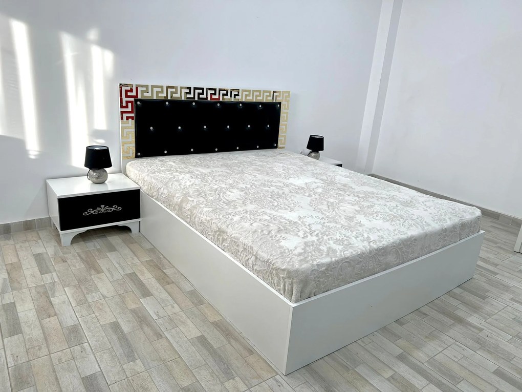 Set pat tapitat Palermo, culoare alb / negru, cu 2 noptiere Viena si saltea superortopedica lux 160 x 200 cm