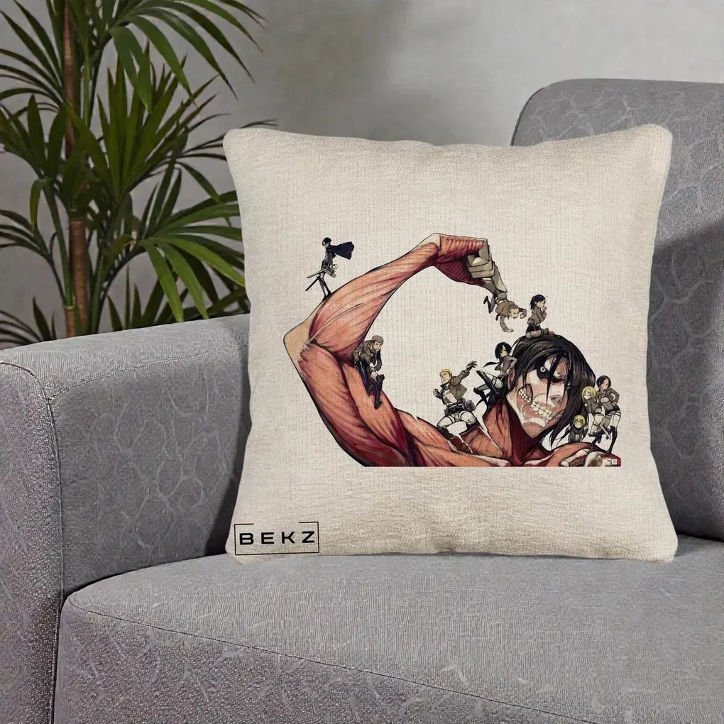 Perna Personalizata Attack on Titan Eren Titan Grup, 40x40 cm, Bej Canapea, Husa Detasabila, Perna Inclusa, BEKZ®