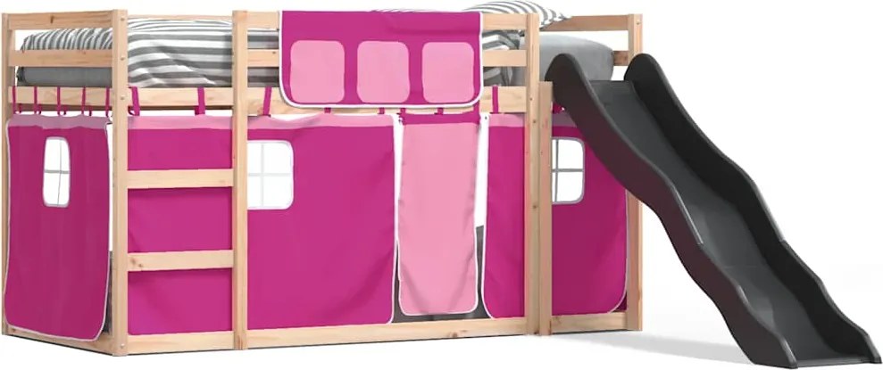 vidaXL Pat supraetajat cu tobogan și perdele, roz, 90x190 cm