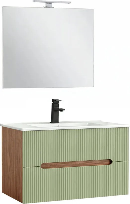 Trent Mobilier de baie 80 cm lavoar ceramic (2 sertare) cu oglindă 60x80 cm stejar sunset-verde fistic