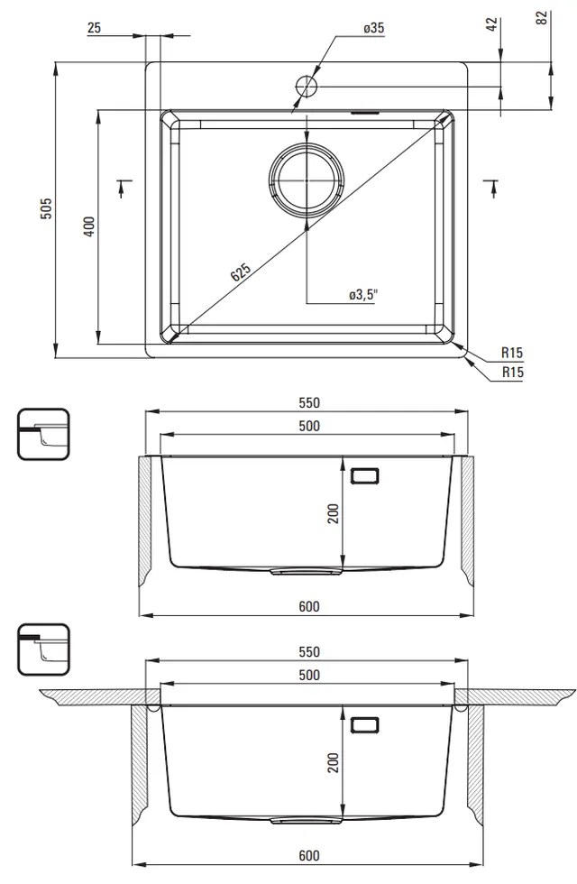 Chiuveta bucatarie inox Deante Olfato, 55x50 cm, titan slefuit 550x505 mm, Titan slefuit