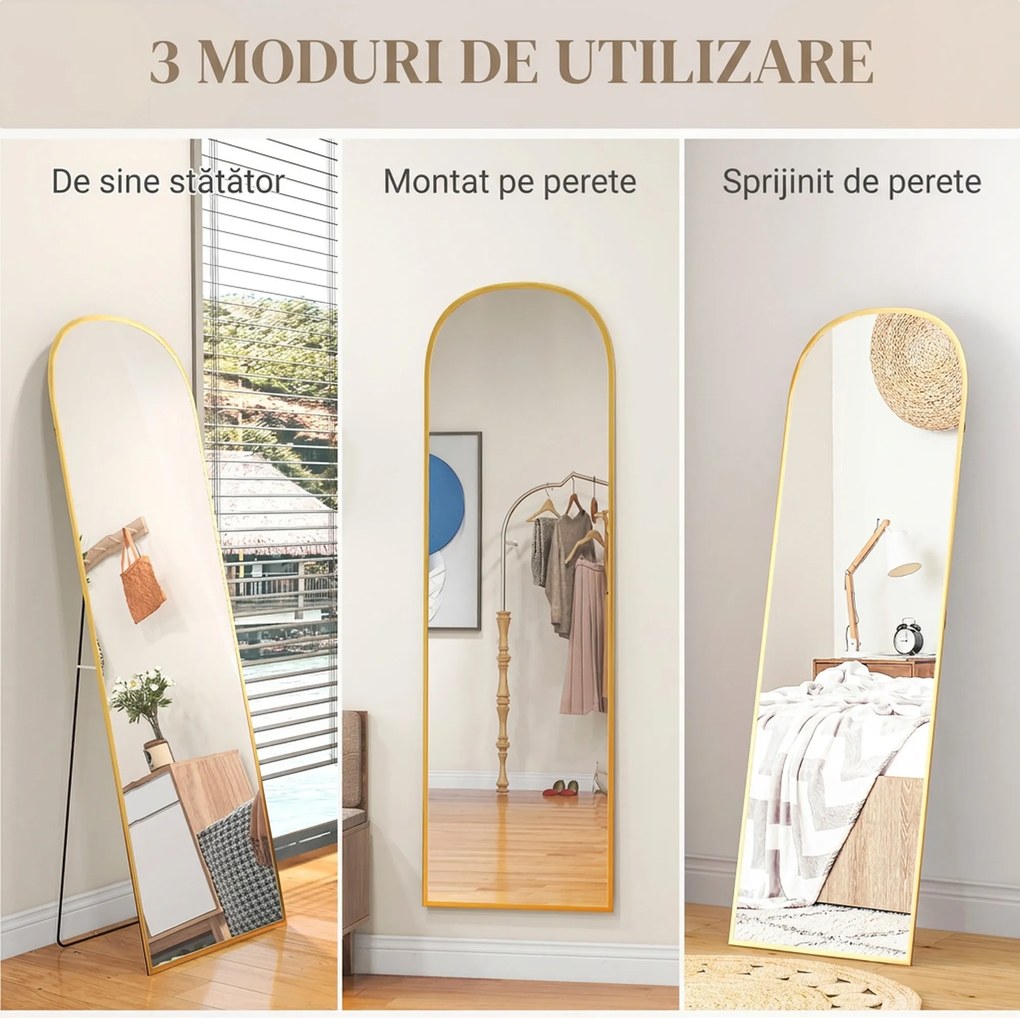 HOMCOM Oglindă de Podea și Perete cu Suport Pliabil, 50x161.5cm, Auriu | Aosom Romania