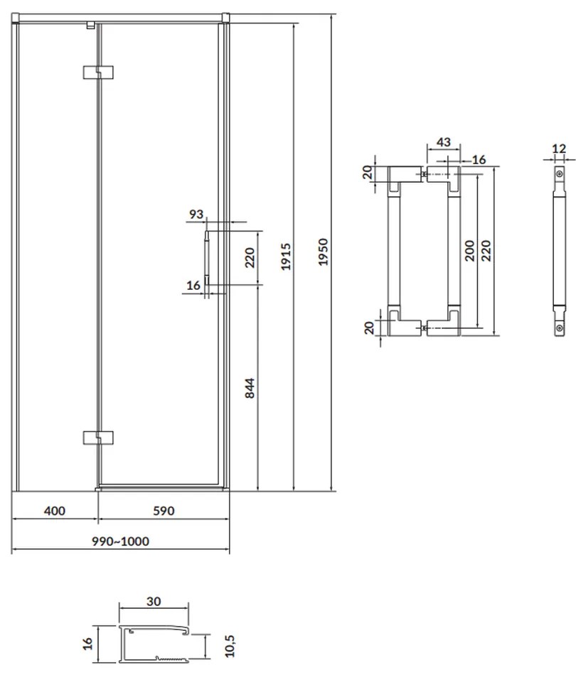 Usa sticla dus batanta 100x195 cm profil crom Cersanit Larga, montare stanga 1000x1950 mm, Stanga, Crom lucios