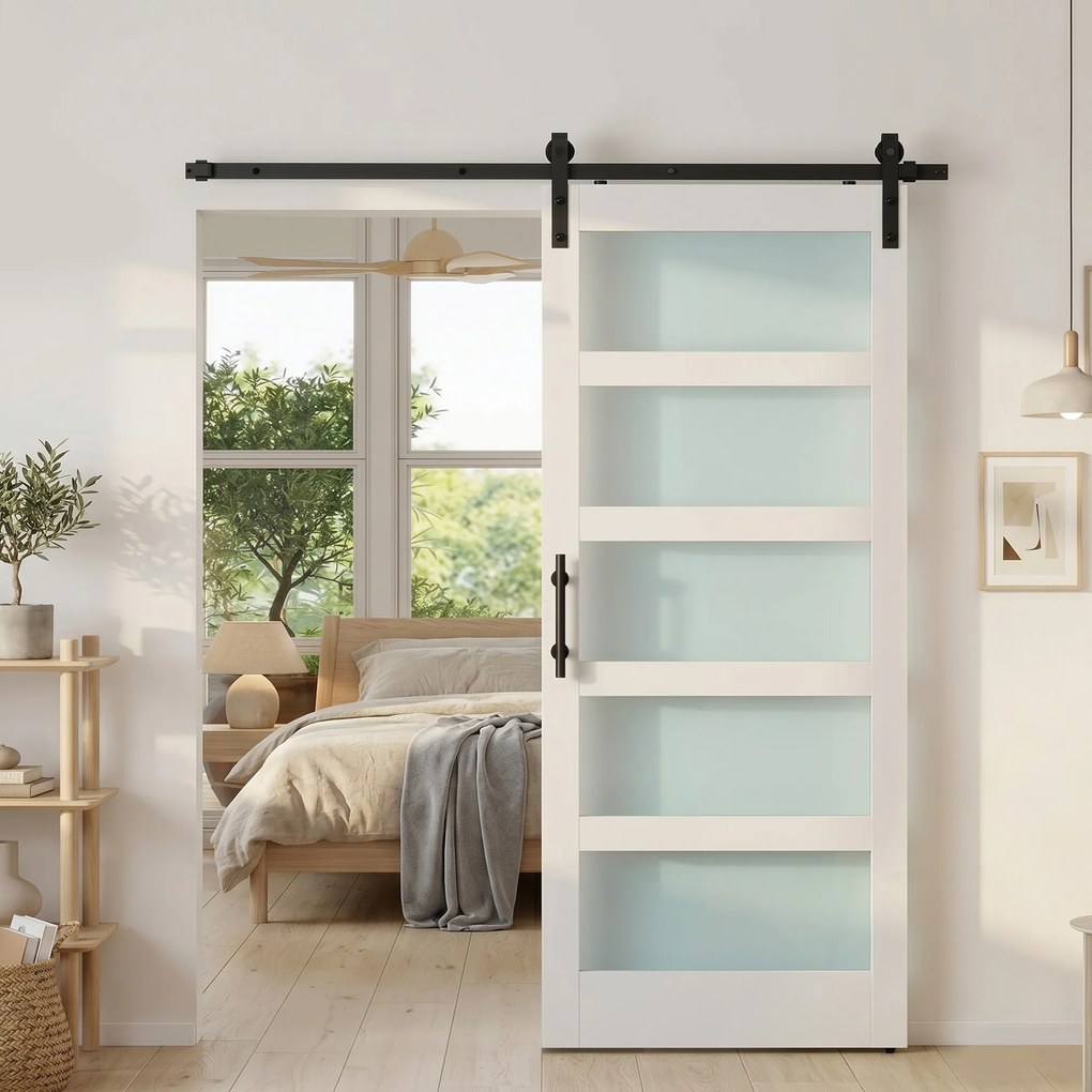 HOMCOM Ușă Glisantă 91.4x213.4cm cu Kit, Panouri din Sticlă, Aspect Lemn Alb | Aosom Romania