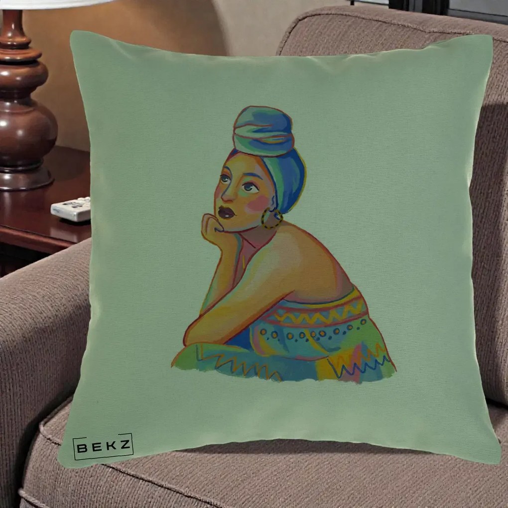Perna Decorativa Portret Femeie Contemplativa, 40x40 cm, Verde, Husa Detasabila, Perna Inclusa, BEKZ®