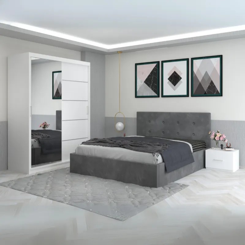 Set Mobila De Dormitor Filip Gri, pat tapitat 160x200cm, dulap cu oglinda 150x210cm, noptiere