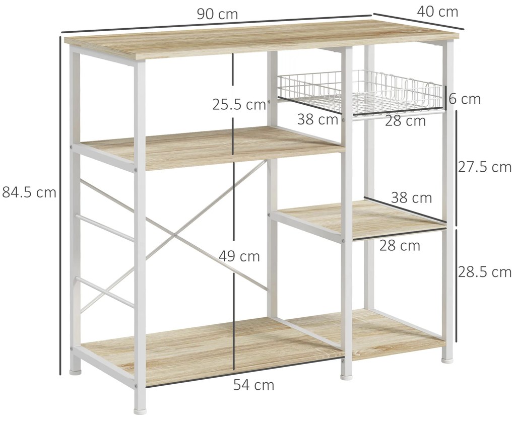 Raft de Bucatarie Cuptor cu Microunde, Dulap de Bucatarie cu 4 Rafturi cu Carlige si Cos Plasa, Lemn si Otel 90x40x84.5cm HOMCOM | Aosom RO