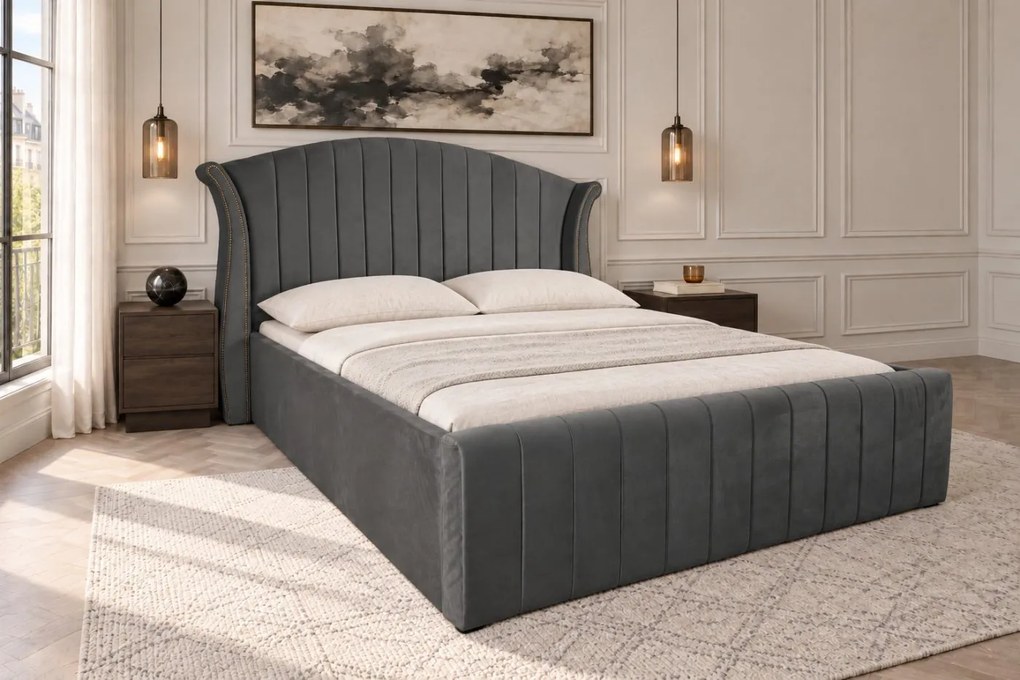 Pat tapițat din catifea Velluto Line 160×200 cm, gri închis, cu ladă de depozitare