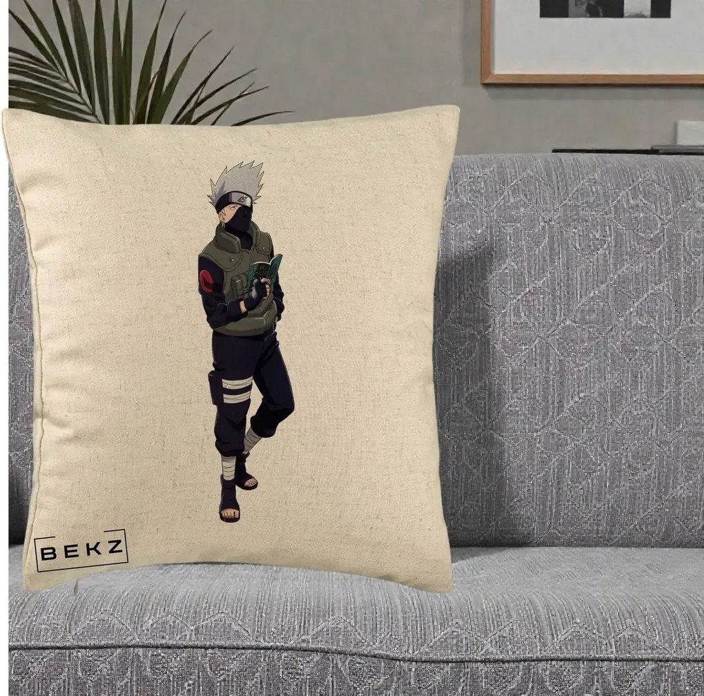 Perna Personalizata Naruto Kakashi Hatake Portret Complet, 40x40 cm, Bej, Husa Detasabila, Perna Inclusa, BEKZ®