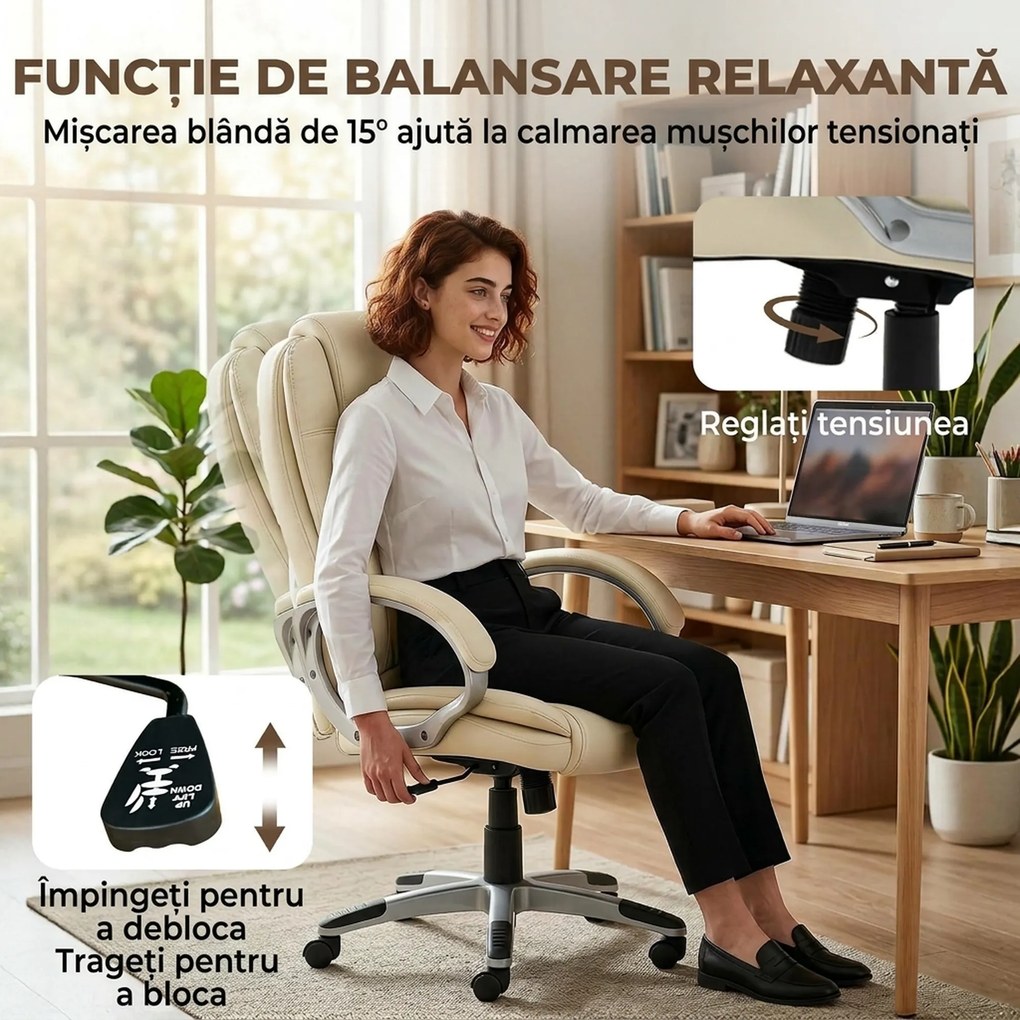 HOMCOM Scaun de Birou Rotativ din PU, Funcție Balansare, Spătar Înalt, Înălțime Reglabilă, Capacitate 120kg, Negru | Aosom Romania