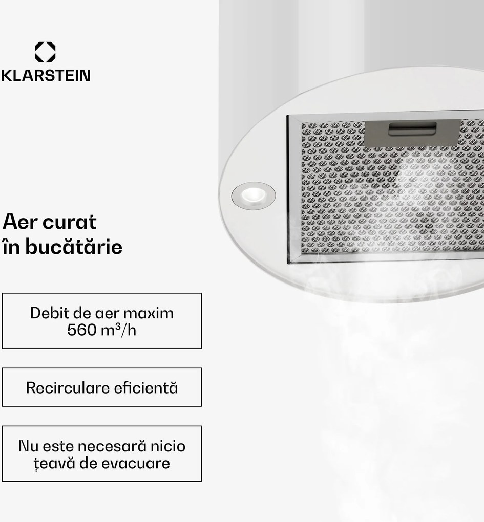 Klarstein Barett, hotă de aspirație, Ø 38 cm, convecție 560 m³/h, LED, filtru de carbon, alb