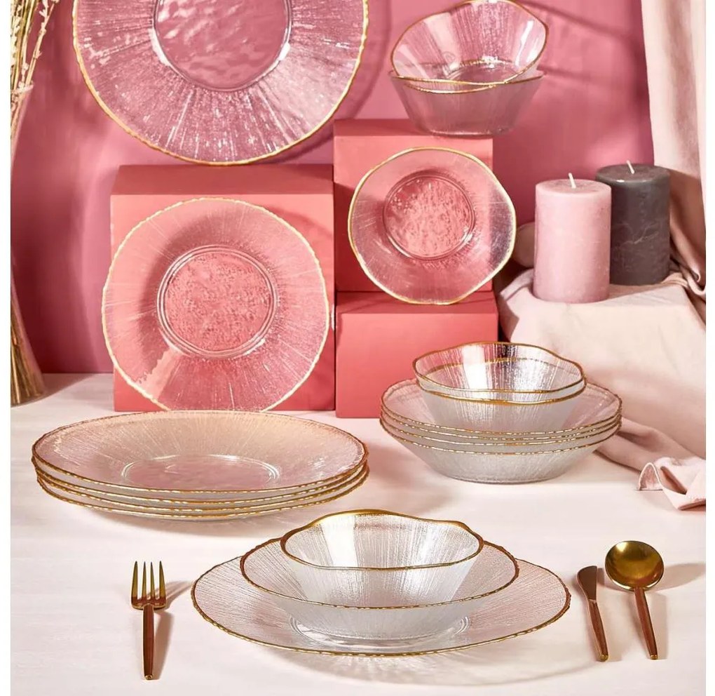 Set de masă 18 piese, din sticlă transparentă cu accente aurii