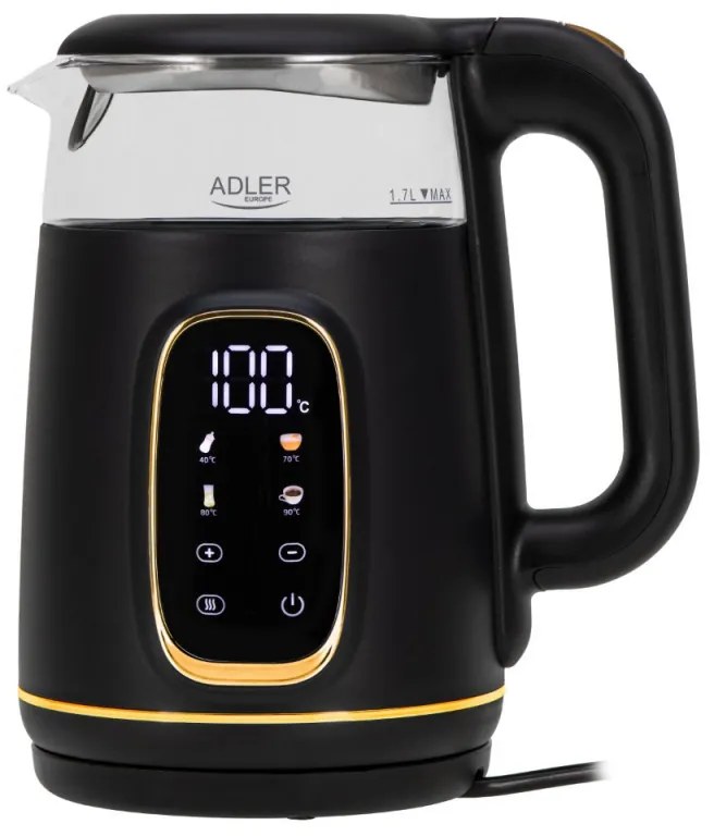 Cana electrica Adler AD 1305, 1850/2200 W, 1,7 l, Control tactil, Afisaj LCD color, 5 setari temperatura 40-100°C, Filtru antidecantare, Negru/galben