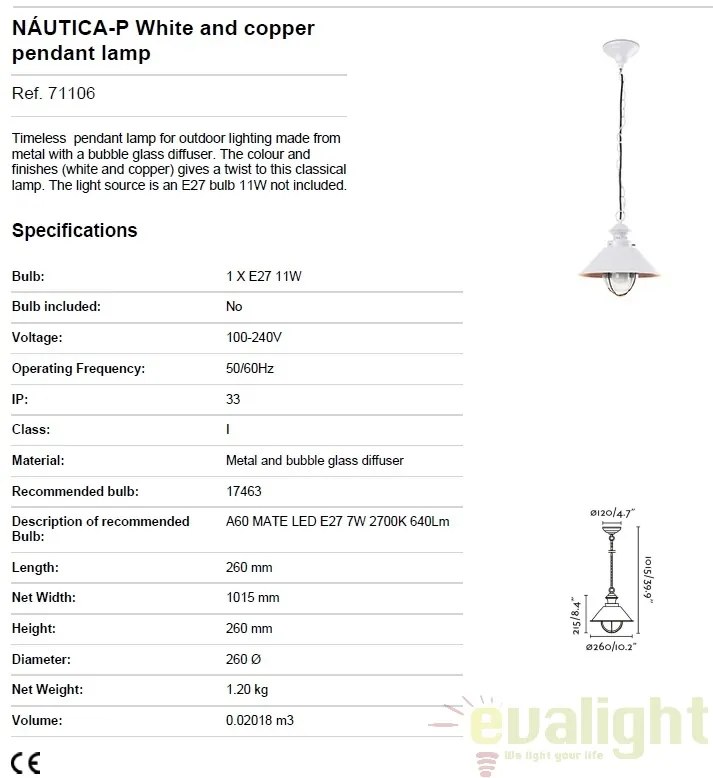 Pendul de terasa exterior NAUTICA alb/cupru IP33 71106