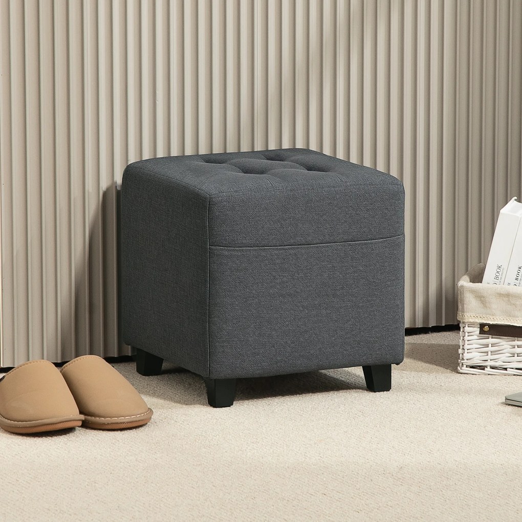 HOMCOM Suport pentru picioare living, ottoman, șezut capitonat în țesătură cu aspect de in cu buzunar lateral, 35 x 35 x 35 cm, gri | Aosom Romania