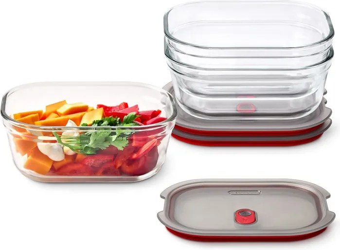 Set de 3 cutii pentru alimente Black+Blum Stack+Nest FBGR-BX-MPACK3, 0,9 l, dreptunghiulare, potrivite pentru cuptor, fără BPA, oțel inoxidabil, gri/roșu